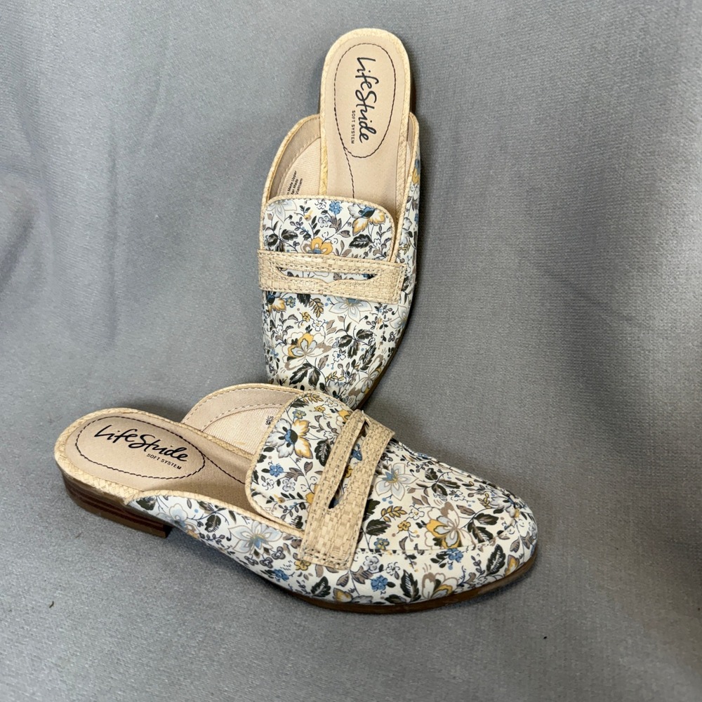LifeStride Margo Mules Women 5M Cream Floral Penny Loafer Slip On Soft System